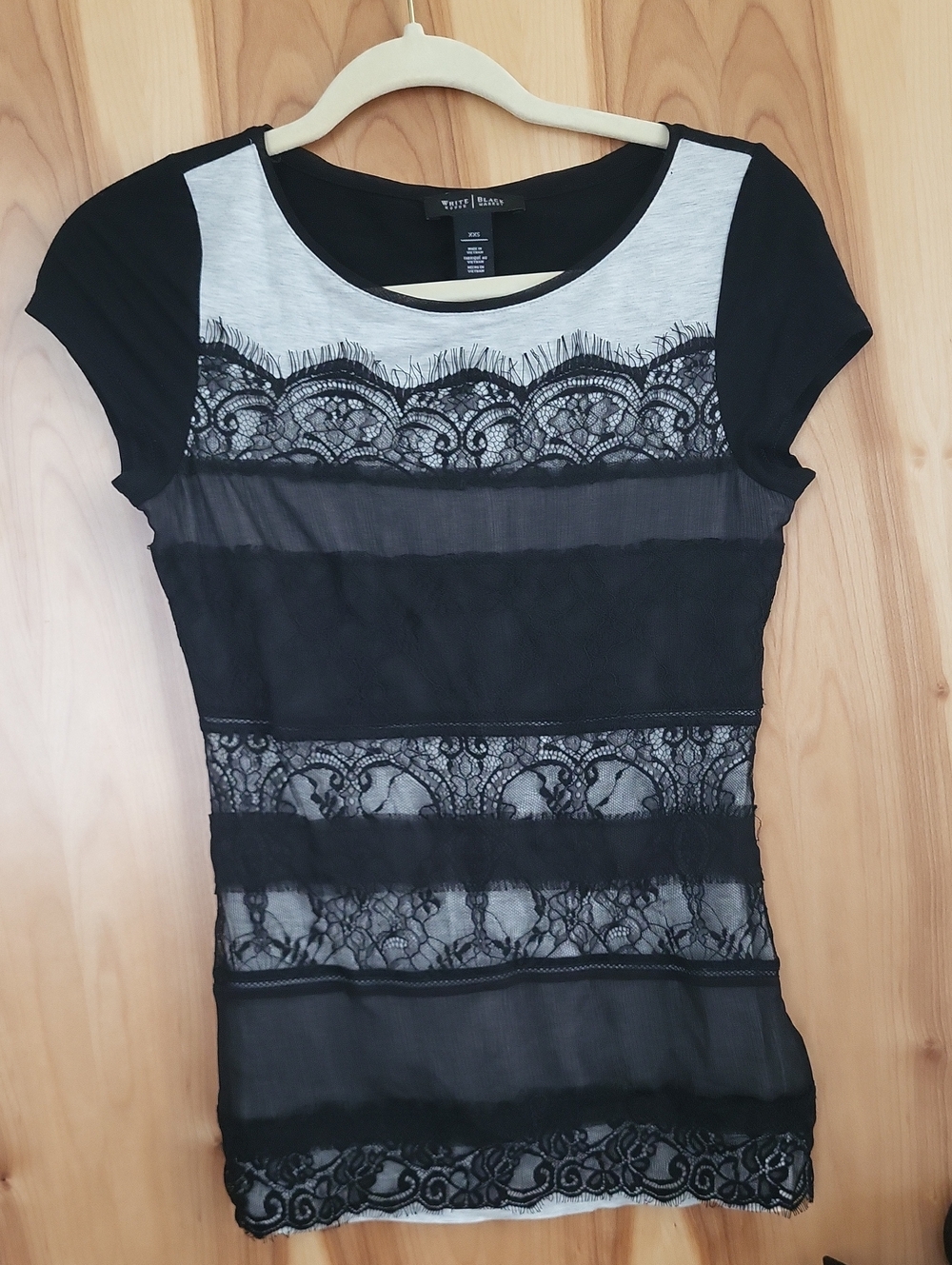 White House Black Market Black Short Sleeve Lace Stripe Tee